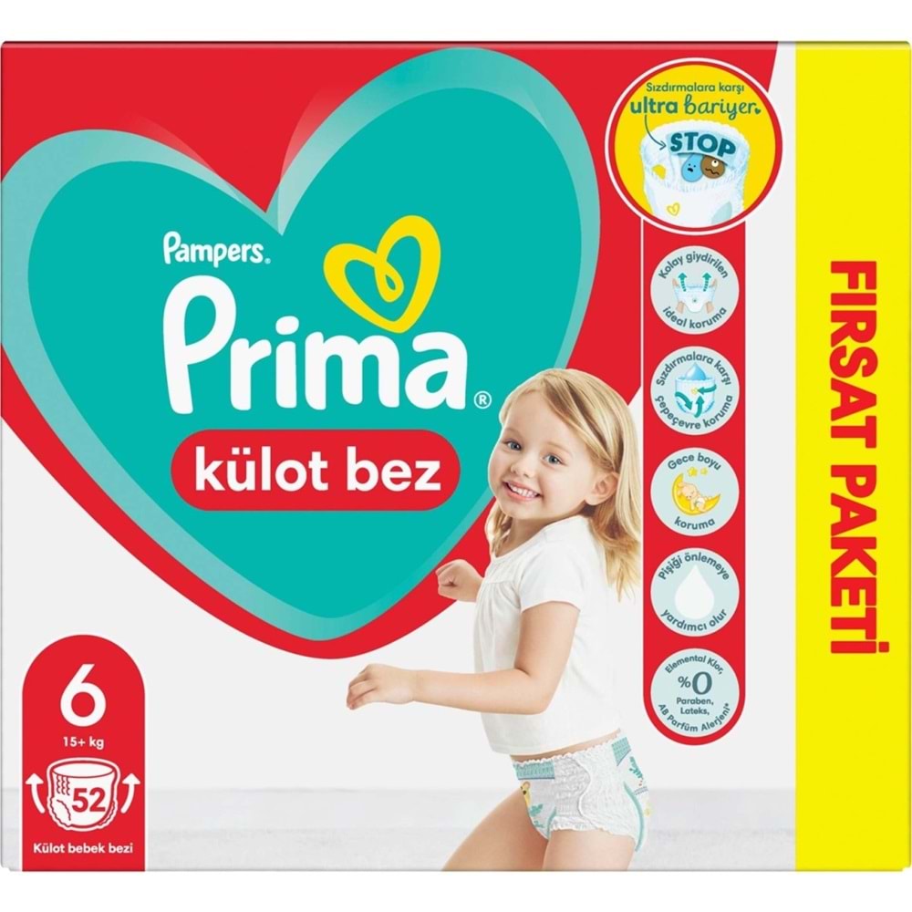Prima Külot Bebek Bezi Beden:6 (15+Kg) Extra Large 52 Adet Fırsat Pk