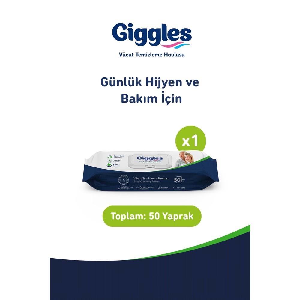 Giggles Yetişkin Vücut Temizleme Islak Mendil Havlu 50 Yaprak XL Tekli Pk (Beyaz Sabun Kokulu)