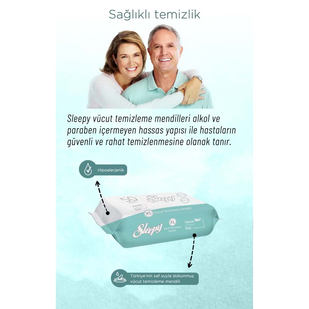 Sleepy Hasta Vücut Temizleme Islak Mendil Havlu 50 Yaprak XL Tekli Pk