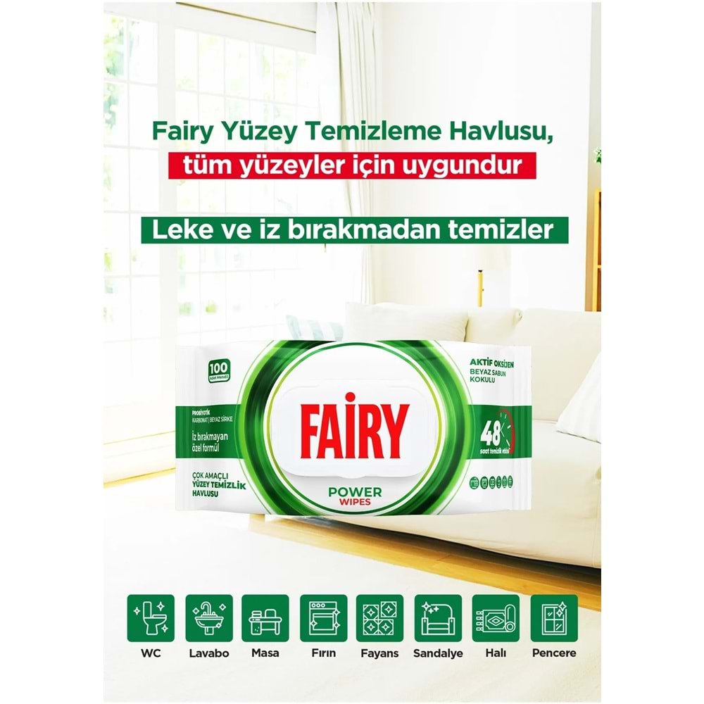 Fairy Yüzey Temizlik Havlusu 100 Yaprak Aktif Oksijen - Beyaz Sabun - Karbonat Plastik Kapaklı