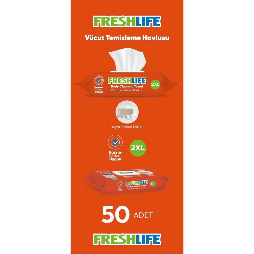 Freshlife Hasta Vücut Temizleme Islak Mendil Havlu 50 Yaprak XL Tekli Pk