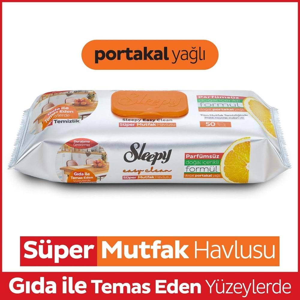 Sleepy Easy Clean Yüzey Temizlik Mutfak Havlusu - Mendili 50 Yaprak Portakal Yağlı Plastik Kapaklı