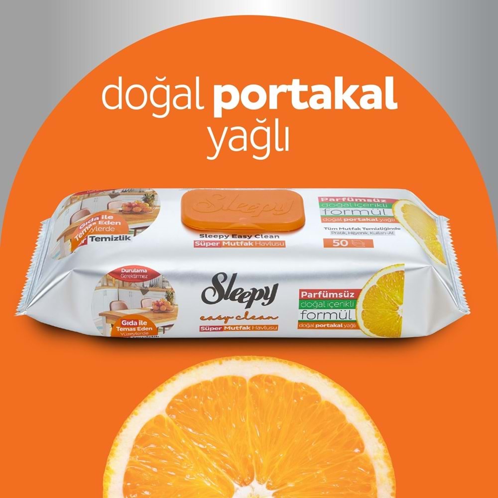 Sleepy Easy Clean Yüzey Temizlik Mutfak Havlusu - Mendili 50 Yaprak Portakal Yağlı Plastik Kapaklı
