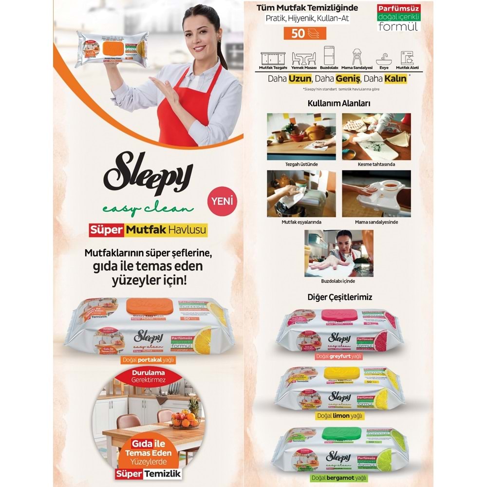 Sleepy Easy Clean Yüzey Temizlik Mutfak Havlusu - Mendili 50 Yaprak Portakal Yağlı Plastik Kapaklı