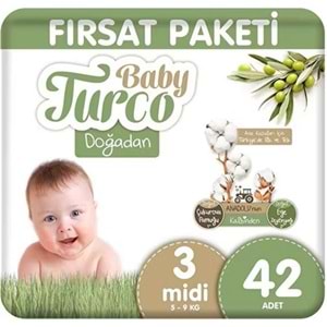 Baby Turco Bebek Bezi Doğadan 3 Beden 5-9 KG Midi 42 Adet Fırsat Pk