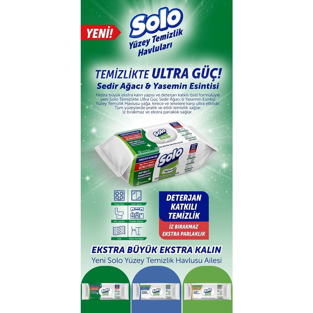 Solo Yüzey Temizlik Havlusu - Mendili 100 Yaprak Sedir Ağacı & Yasemin Esintisi Plastik Kapaklı