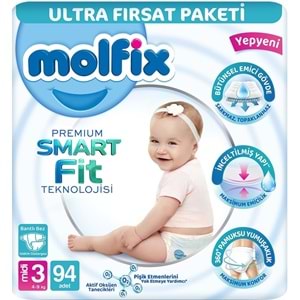 Molfix Premium Smart Fit Bebek Bezi 3 Beden 4-9 KG Midi 94 Adet Ultra Fırsat Pk