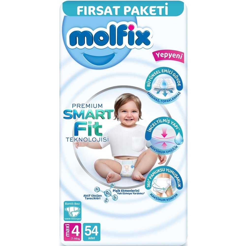 Molfix Premium Smart Fit Bebek Bezi 4 Beden 7-14 KG Maxi 54 Adet Fırsat Pk