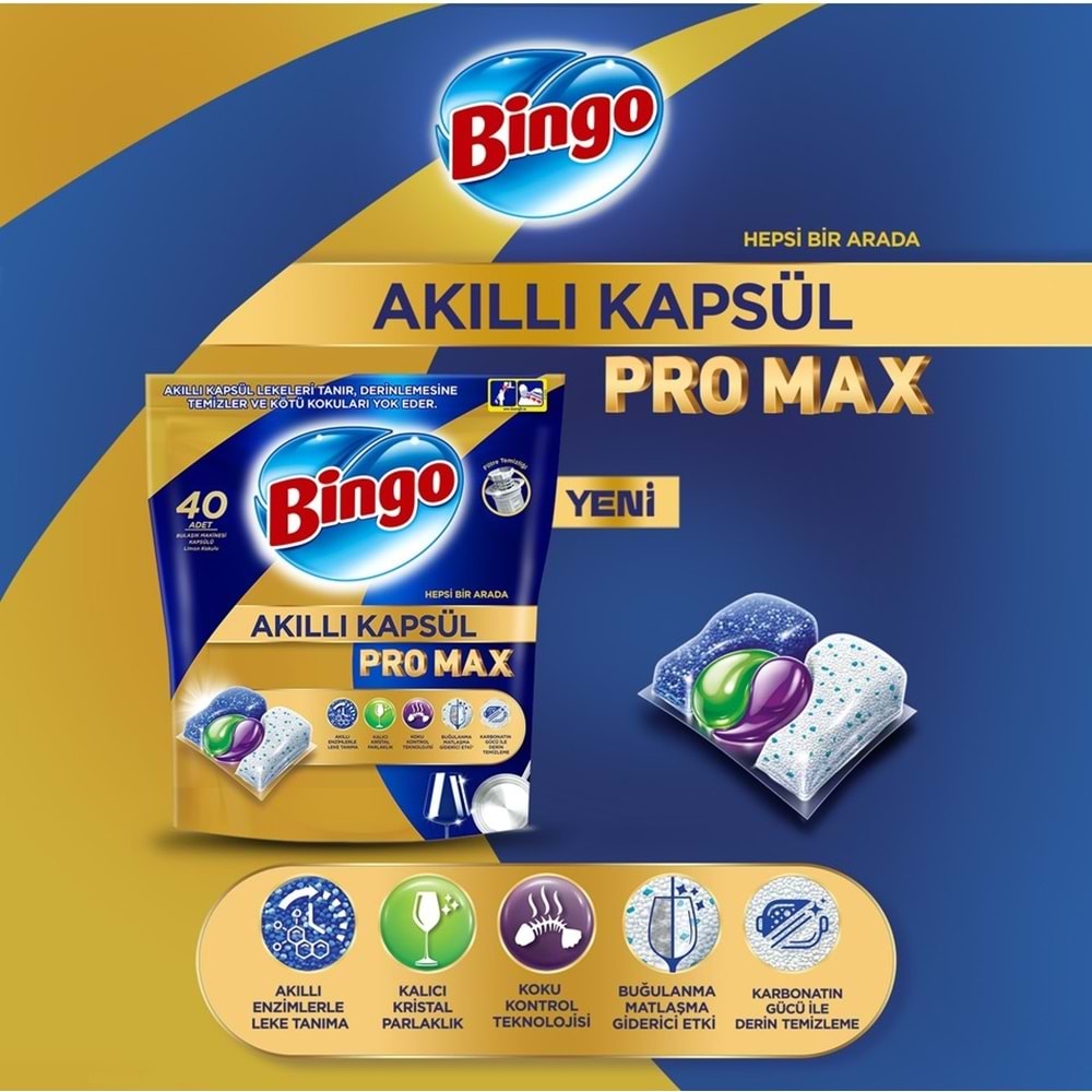 Bingo Akıllı Kapsül Pro Max Bulaşık Makinesi Deterjanı Tableti 40 Adet Limon Kokulu