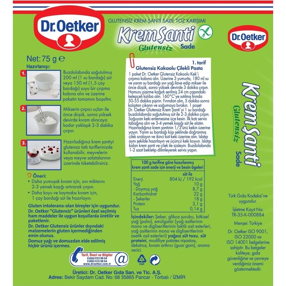 Dr. Oetker Glutensiz Krem Şanti 72GR