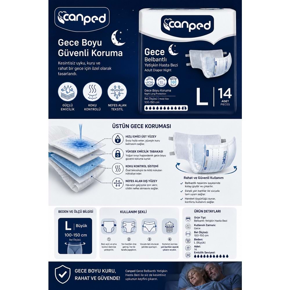 Canped Yetişkin Bezi Bel Bantlı Gece Night L - Büyük - Large 14 Adet Tekli Pk