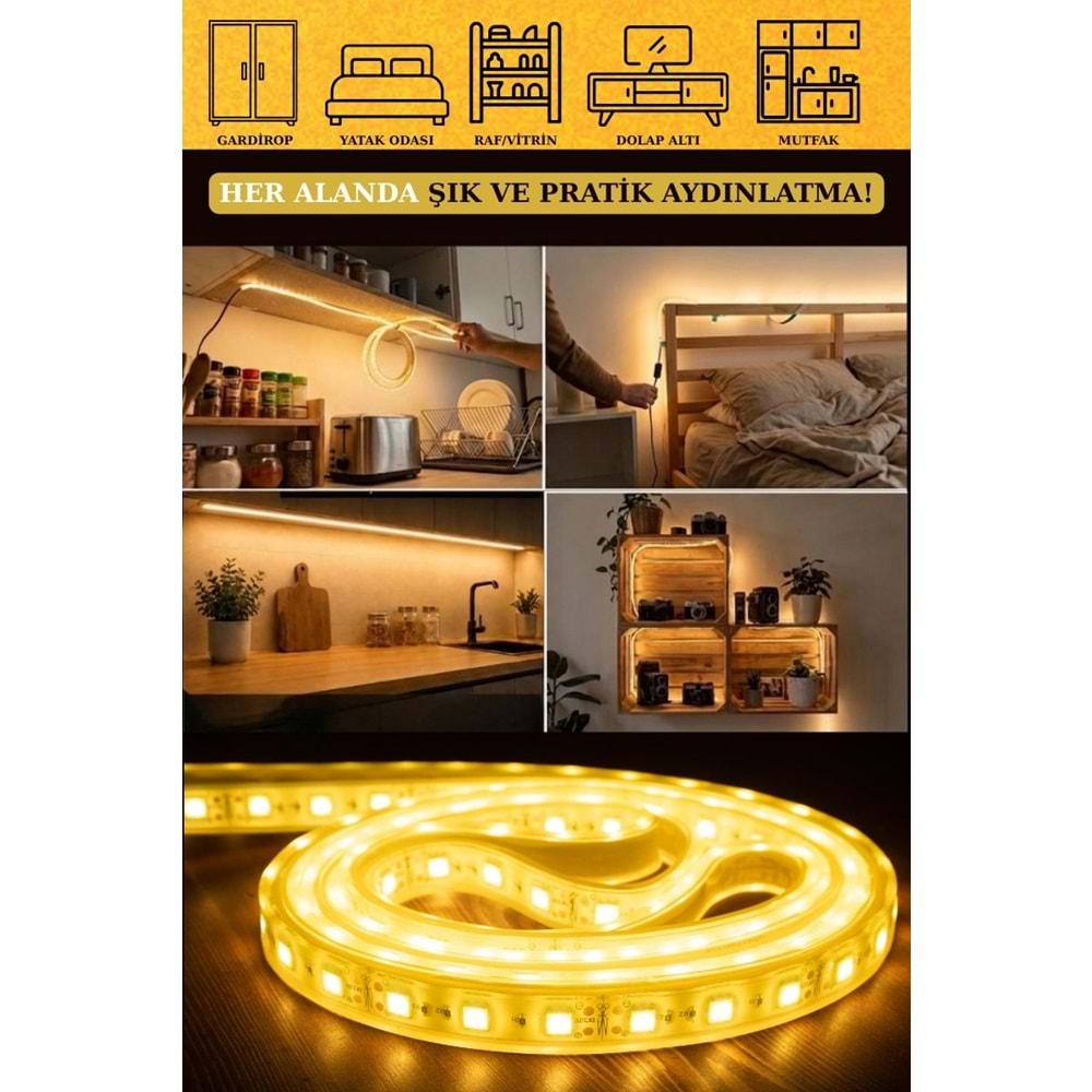 Mandaş 3 Metre Günışığı Şerit Led 3000K Mutfak Tezgah Üstü Dolap Altı İçin 12V Tam Set