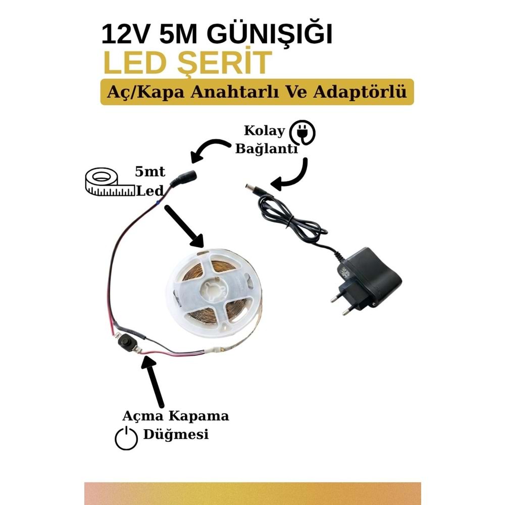 Silorien 5 Metre Günışığı Şerit LED Mutfak Dolabı Tezgah Üstü Adaptörlü Aç Kapa Düğmeli Tak Çalıştır
