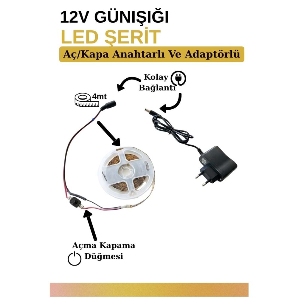 Silorien 4 Metre Günışığı Şerit LED Mutfak Dolabı Tezgah Üstü Adaptörlü Aç Kapa Düğmeli Tak Çalıştır