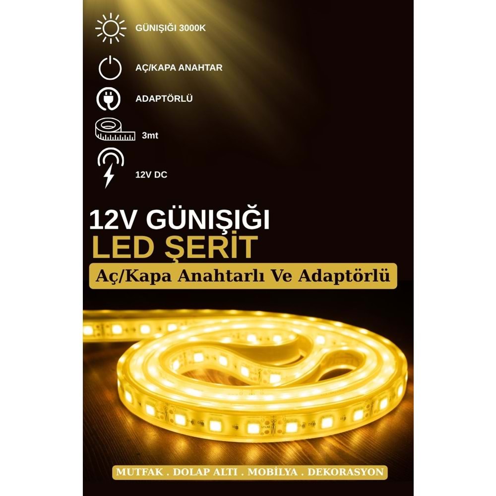 Silorien 3 Metre Günışığı Şerit LED Mutfak Dolabı Tezgah Üstü Adaptörlü Aç Kapa Düğmeli Tak Çalıştır