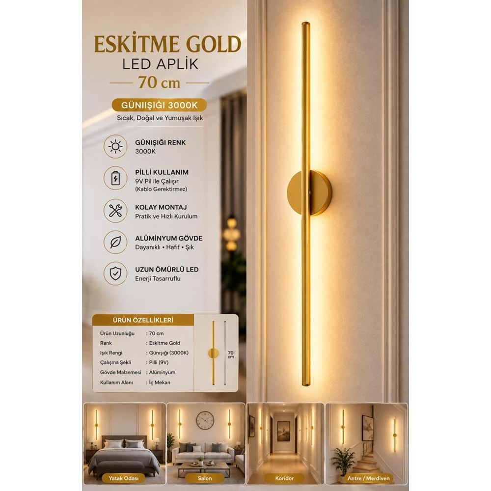 MANDAŞ Eskitme Gold Gün Işığı 70 CM Led Duvar Aplik 1 Adet Pilli Kablosuz Kullanım Tak-Çalıştır