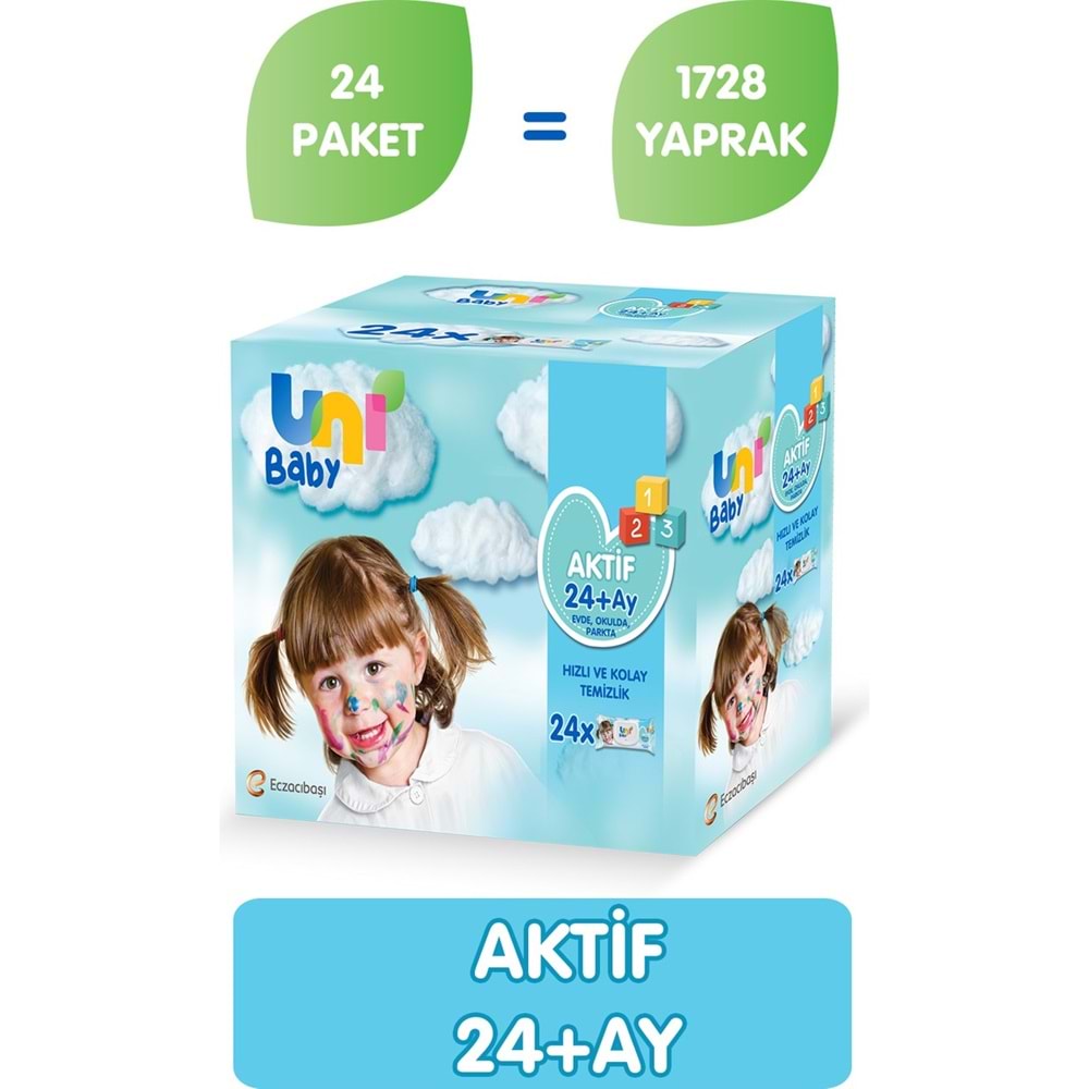 Uni Baby Islak Havlu Mendil 72 Yaprak Aktif (24 Lü Set) Plastik Kapaklı
