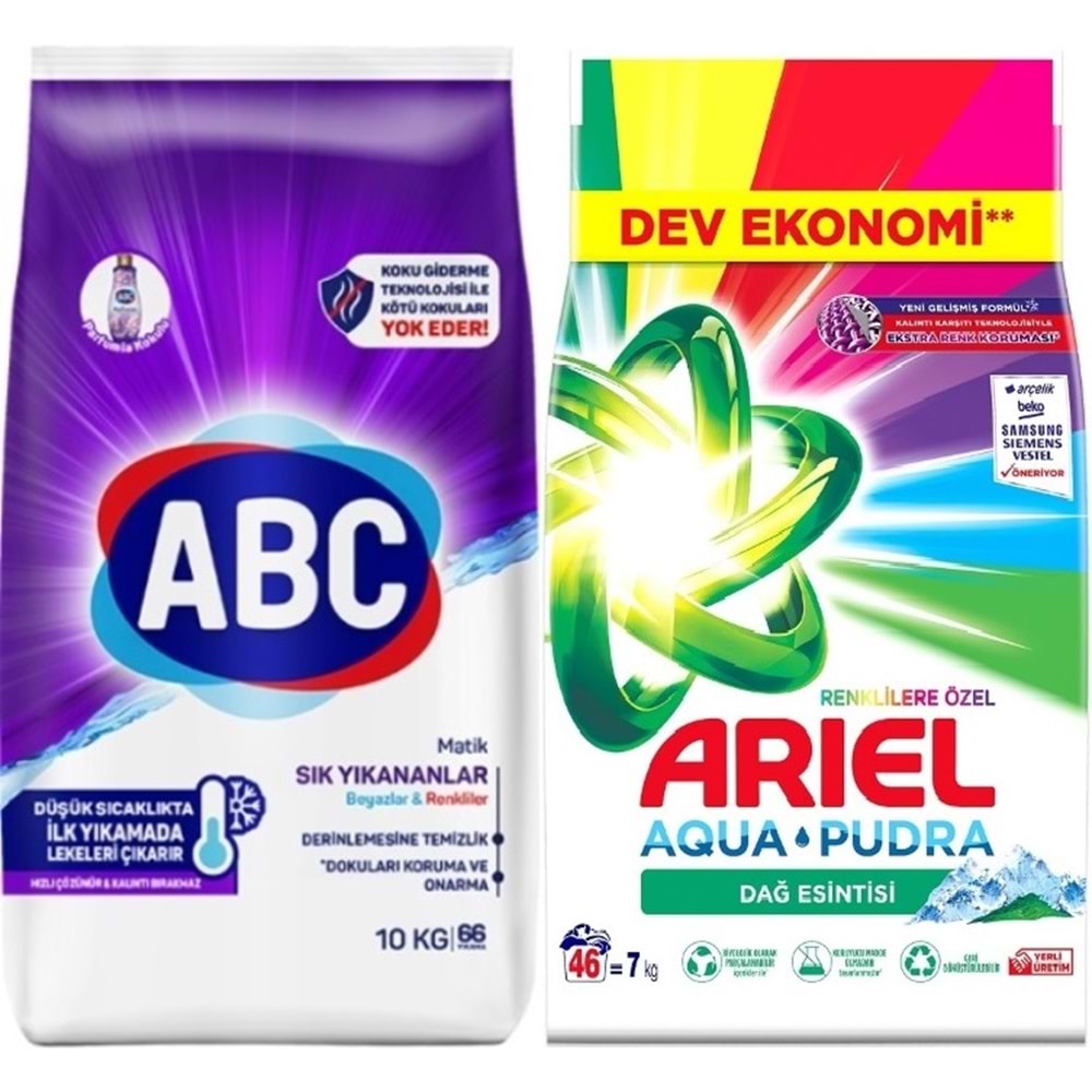 Abc Matik Toz Çamaşır Deterjanı 10KG Sık Yıkananlar Beyazlar/Renkliler (66 Yıkama) + 7KG Renkliler