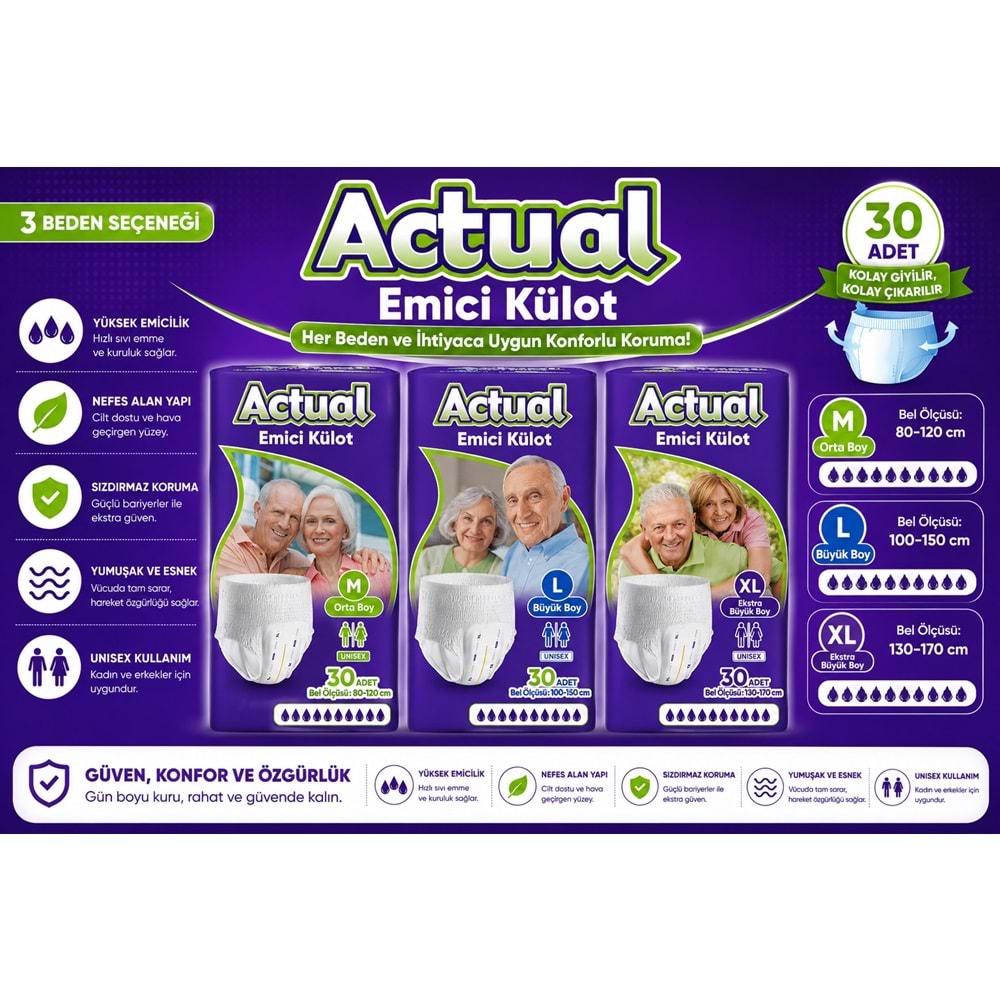 Actual Emici Külot Yetişkin Bezi XL - Extra Large - Ekstra Büyük (Islaklık Göstergeli) 180 Adet