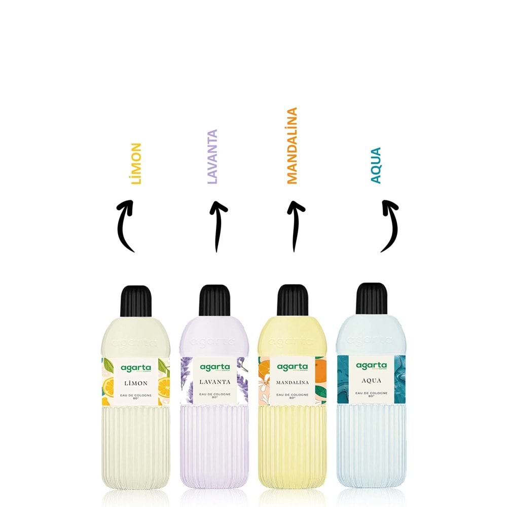 Agarta Kolonya 400 ML 80 Derece Pet Şişe (Mandalina-Aqua-Limon-Lavanta) (16 Lı Karma Set)