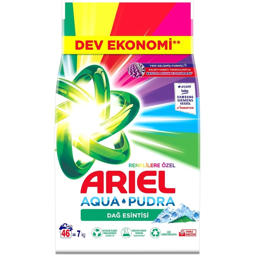 Ariel Matik Toz Çamaşır Deterjanı 7KG Renklilere Özel / Dağ Esintisi (46 Yıkama)+ 10KG Canlı Renkler