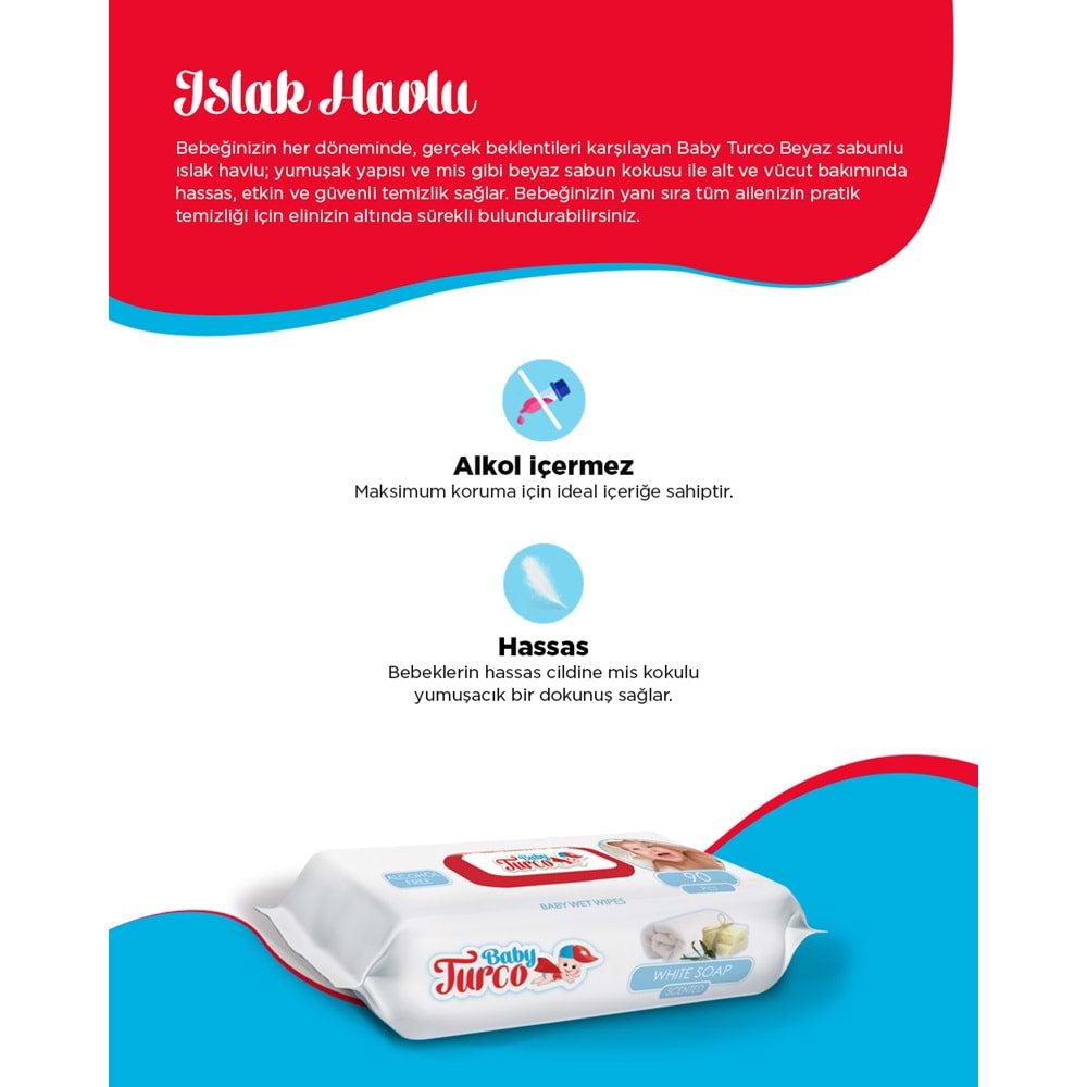 Baby Turco Islak Havlu Mendil 90 Yaprak 24 Lü Set Beyaz Sabun Kokulu Plastik Kapaklı