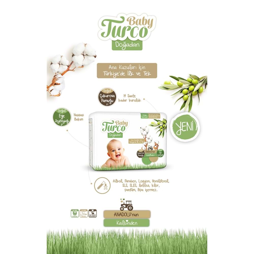 Baby Turco Bebek Bezi Doğadan Beden:4 (8-14Kg) Maxi 180 Adet Jumbo Avantaj Pk