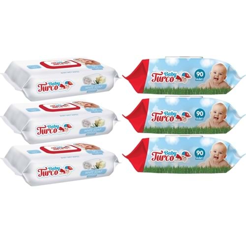 Baby Turco Islak Havlu Mendil 90 Yaprak Plastik Kapaklı Karma 6 Lı Set (Klasik-Beyaz Sabun)