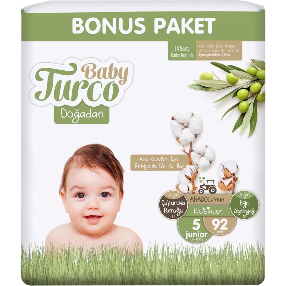 Baby Turco Bebek Bezi Doğadan 5 Beden 12-25 KG Junior 184 Adet Ekonomik Bonus Pk
