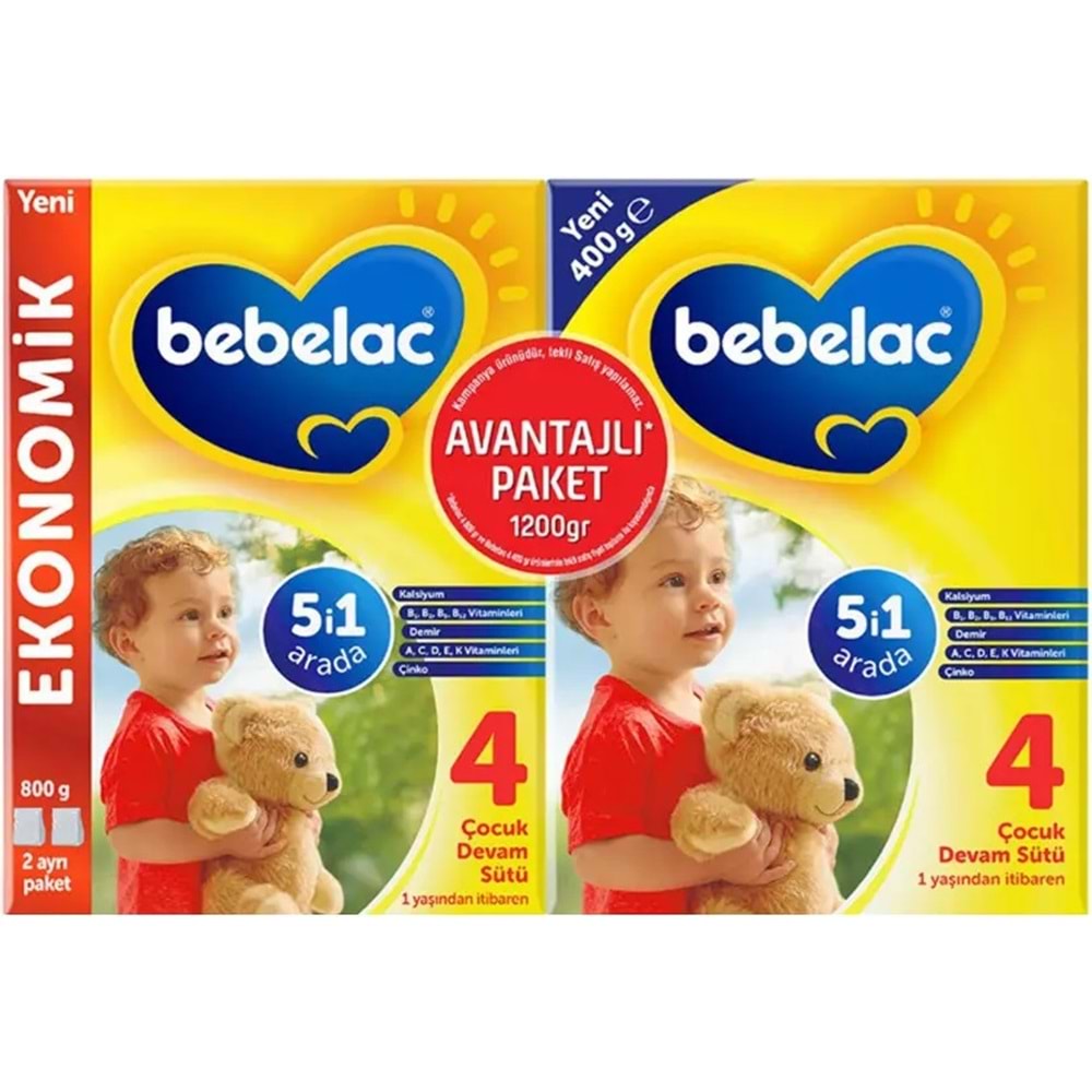 Bebelac 1200GR (800GR+400GR) No:4 Devam Sütü (1+ Yaş) Avantaj Pk (4 Lü Set)