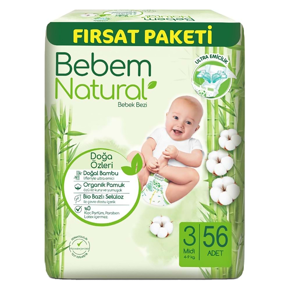 Bebem Bebek Bezi Natural Beden:3 (4-9Kg) Midi 168 Adet Aylık Fırsat Pk