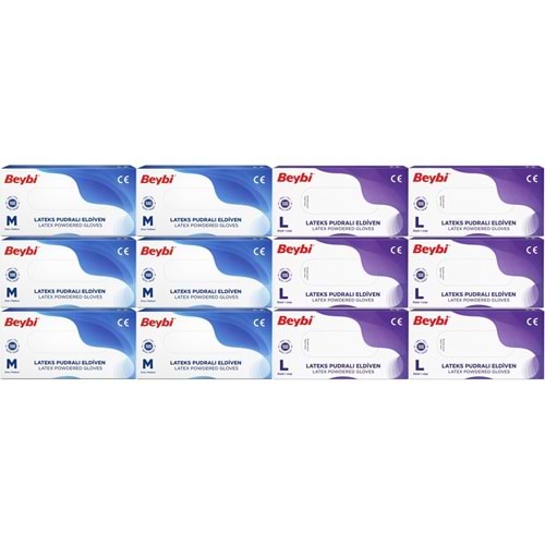 Beybi Lateks Pudralı Muayene Eldiveni M - Medium - Orta / L - Large - Büyük Karma 1200 Lü Set