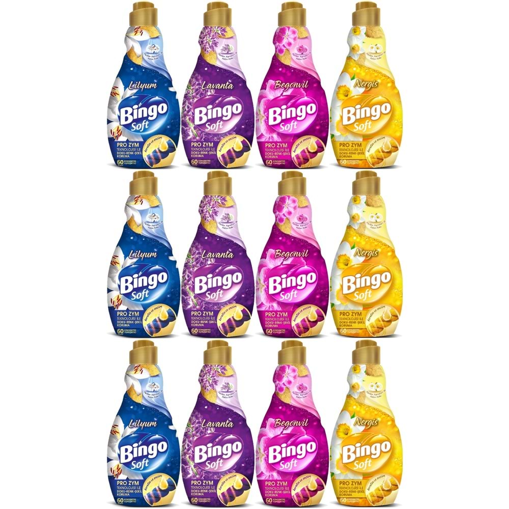 Bingo Soft Çamaşır Yumuşatıcı Konsantre 1440ML Karma 12 Li Set (Lilyum-Lavanta-Begonvil-Nergis)