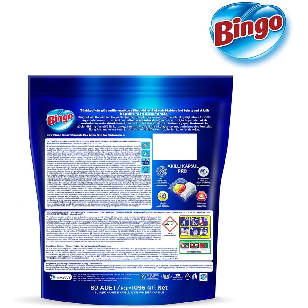 Bingo Akıllı Kapsül Pro Bulaşık Makinesi Deterjanı Tableti 160 Adet Limon Kokulu (2PK*80)