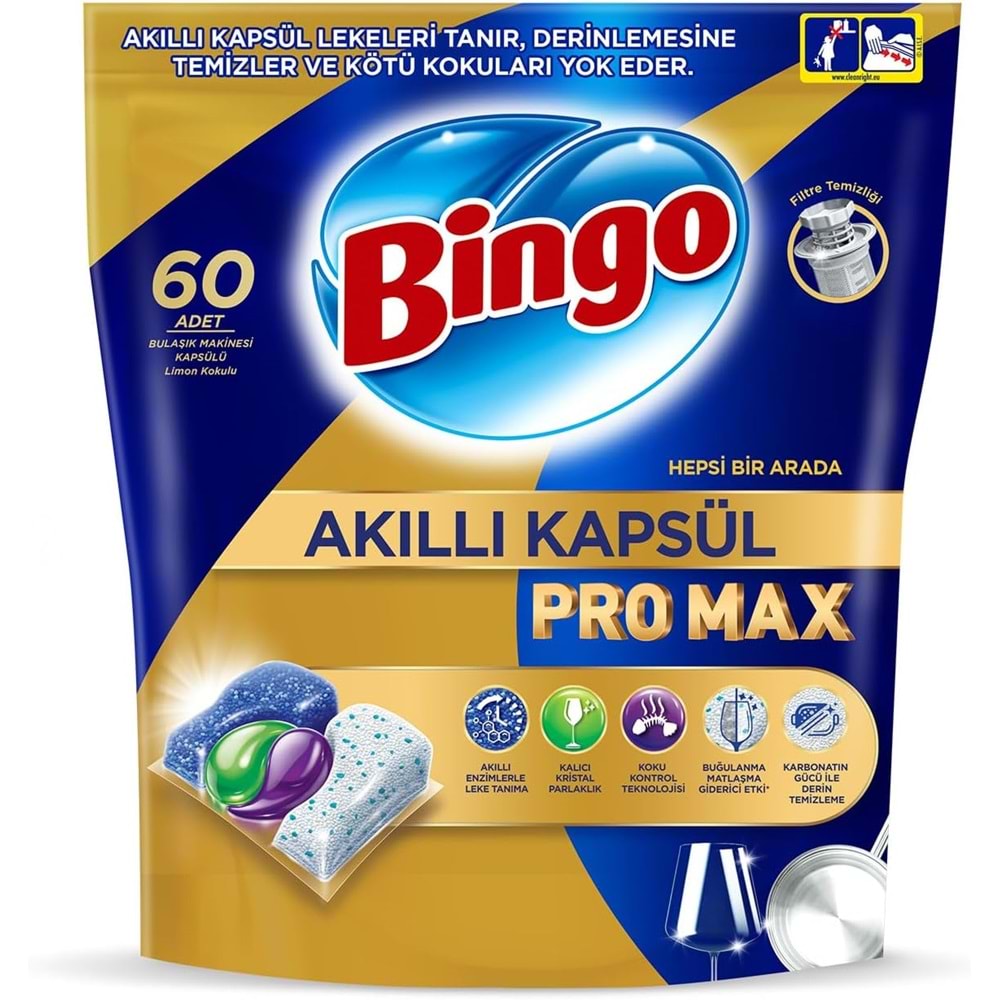 Bingo Akıllı Kapsül Pro Max Bulaşık Makinesi Deterjanı Tableti 180 Adet Limon Kokulu (3PK*60)