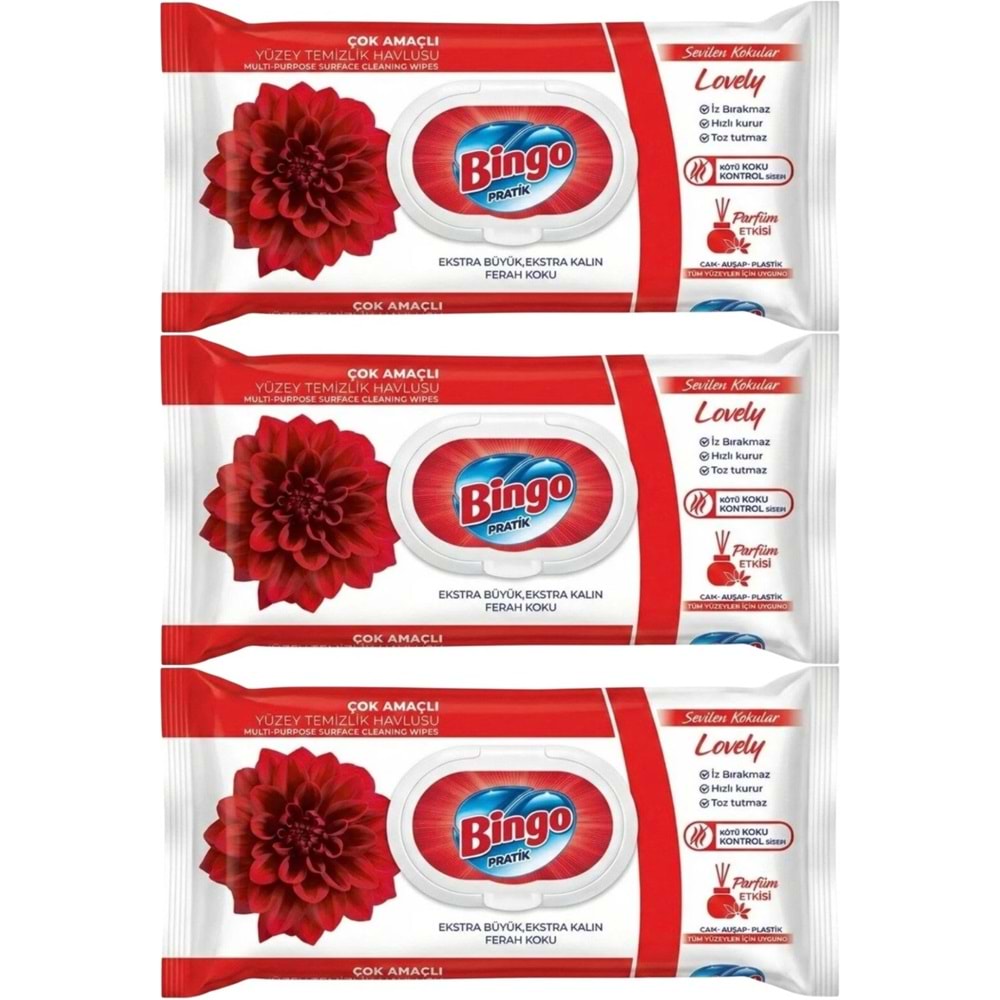 Bingo Clean Yüzey Temizlik Havlusu 96 Yaprak Sevilen Kokular Lovely - Gül (3 Lü Set) 288 Yaprak
