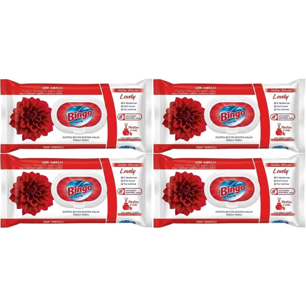 Bingo Clean Yüzey Temizlik Havlusu 96 Yaprak Sevilen Kokular Lovely - Gül (4 Lü Set) 384 Yaprak