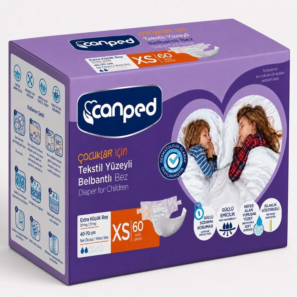 Canped Çoçuklar İçin Yetişkin Bezi Bel Bantlı Tekstil Yüzey XS - Extra Küçük - 60 Adet