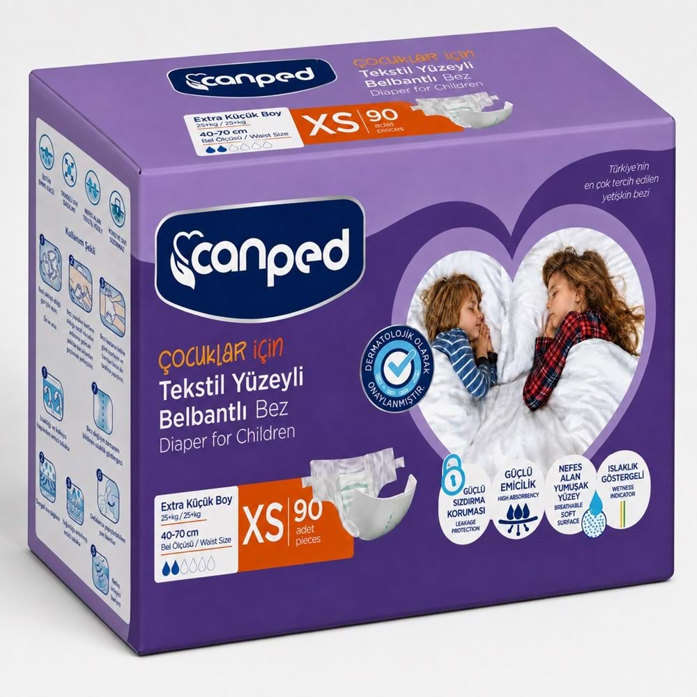 Canped Çoçuklar İçin Yetişkin Bezi Bel Bantlı Tekstil Yüzey XS - Extra Küçük - 90 Adet