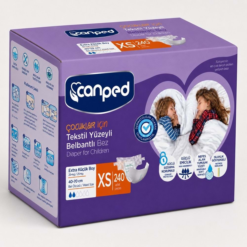Canped Çoçuklar İçin Yetişkin Bezi Bel Bantlı Tekstil Yüzey XS - Extra Küçük - 240 Adet