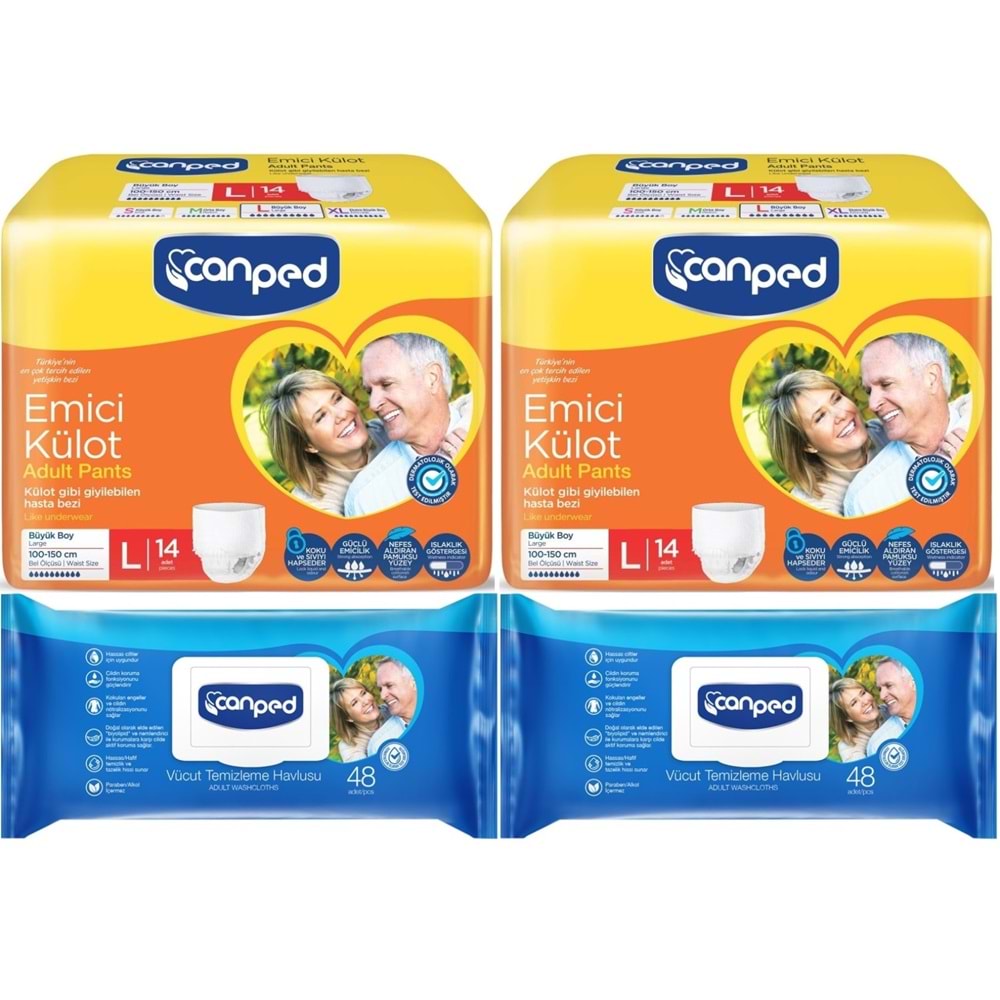 Canped Emici Külot Pants Hasta Yetişkin Bezi L - Büyük - Large 14 Adet - Temizleme Havlusu (4Lü Set)