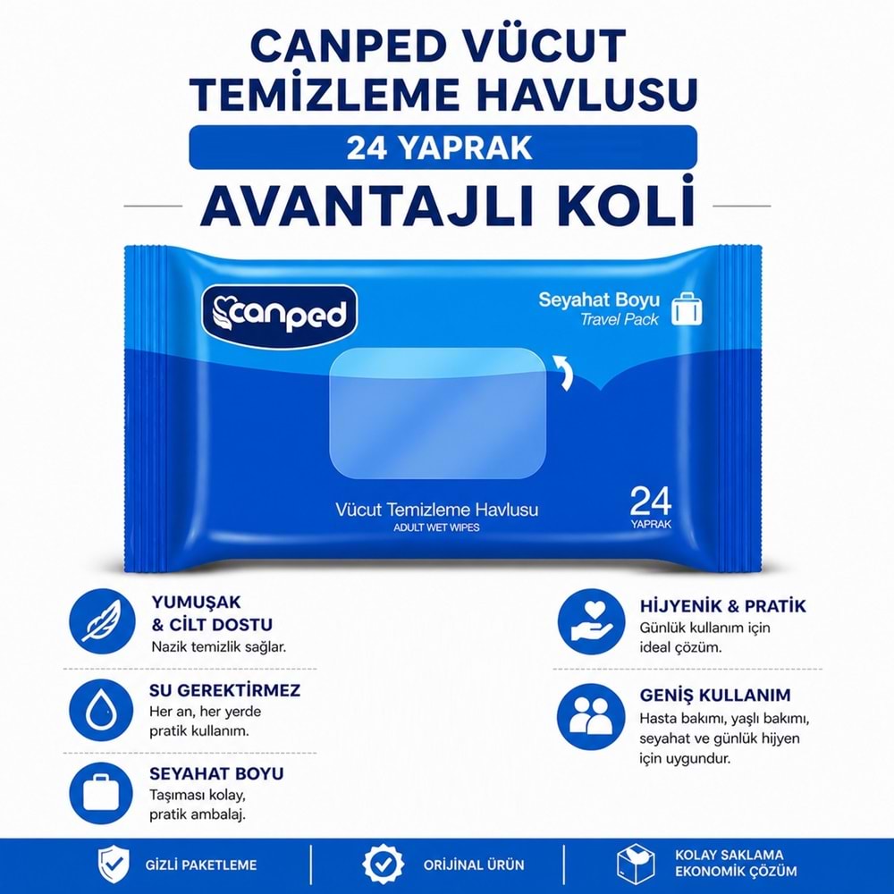 Canped Yetişkin Vücut Temizleme Islak Mendil Havlu 24 Yaprak Seyahat Boy 18 Li Set (432 Yaprak)