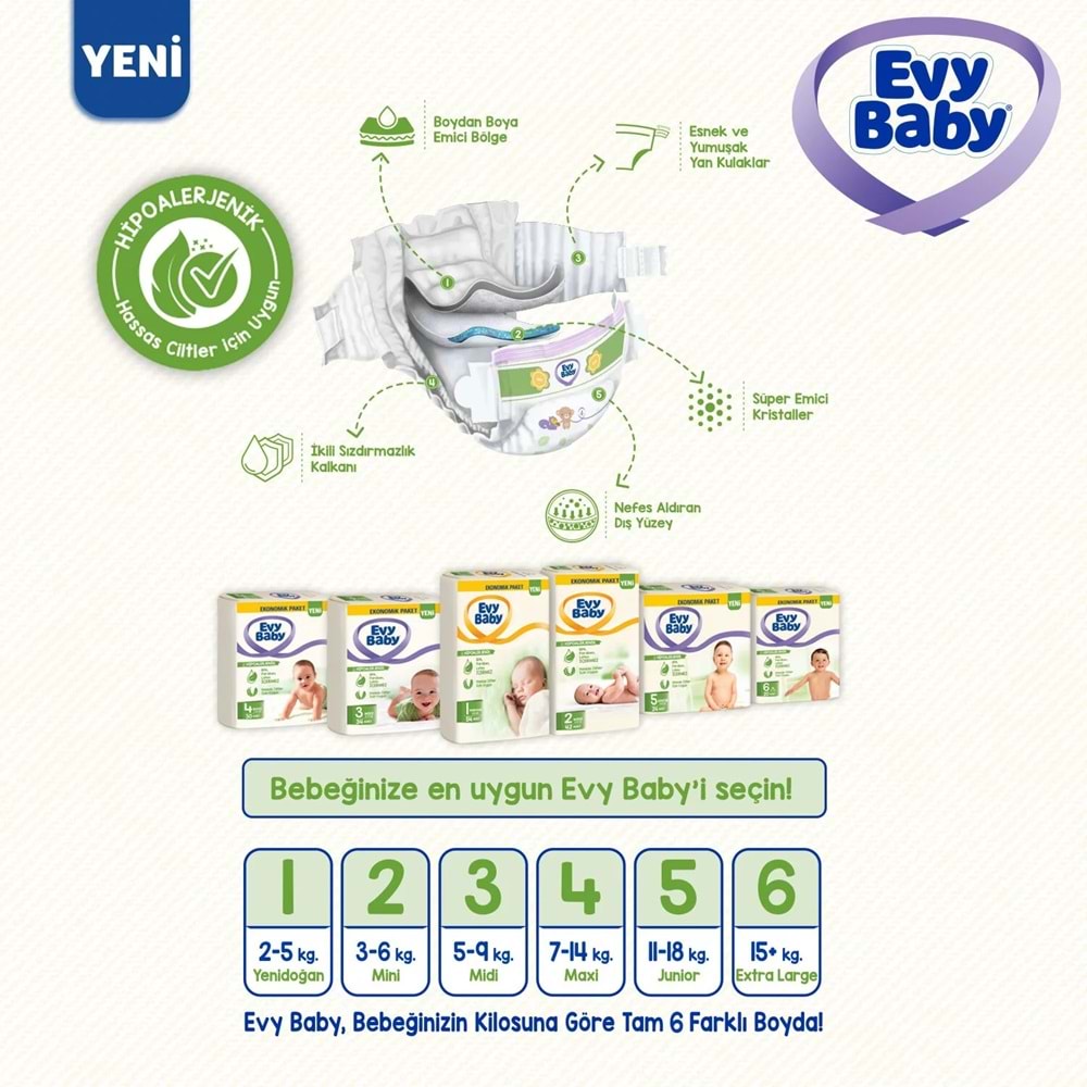 Evy Baby Bebek Bezi 2 Beden 3-6 KG Mini 228 Adet Süper Ekonomik Mega Pk