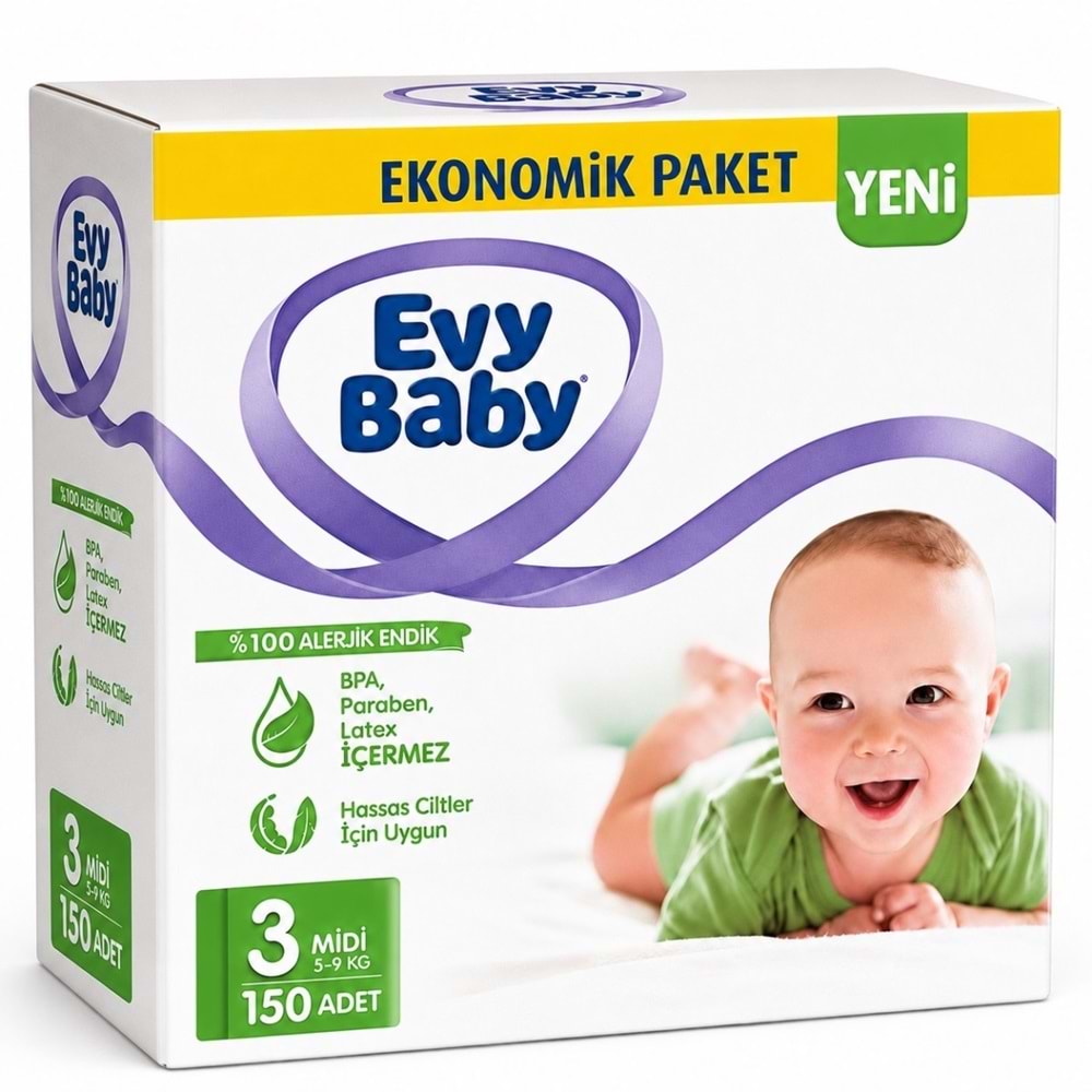 Evy Baby Bebek Bezi 3 Beden 5-9 KG Midi 150 Adet Mega Ekonomik Fırsat Pk