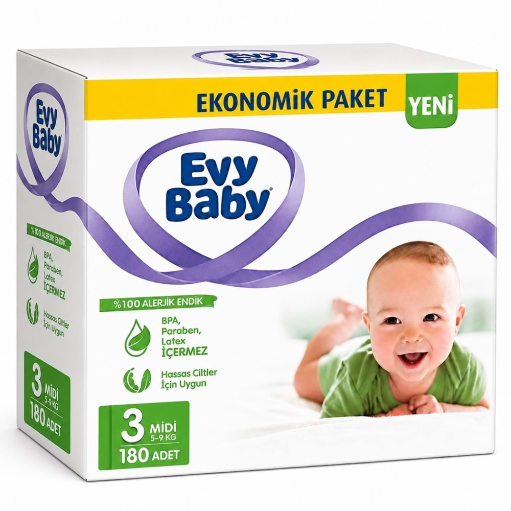 Evy Baby Bebek Bezi 3 Beden 5-9 KG Midi 180 Adet Süper Ekonomik Mega Pk