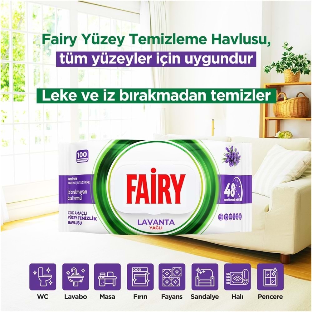 Fairy Yüzey Temizlik Havlusu 100 Yaprak Lavanta Yağlı - Beyaz Sirke - Karbonat (9 Lu Set) 900 Yaprak