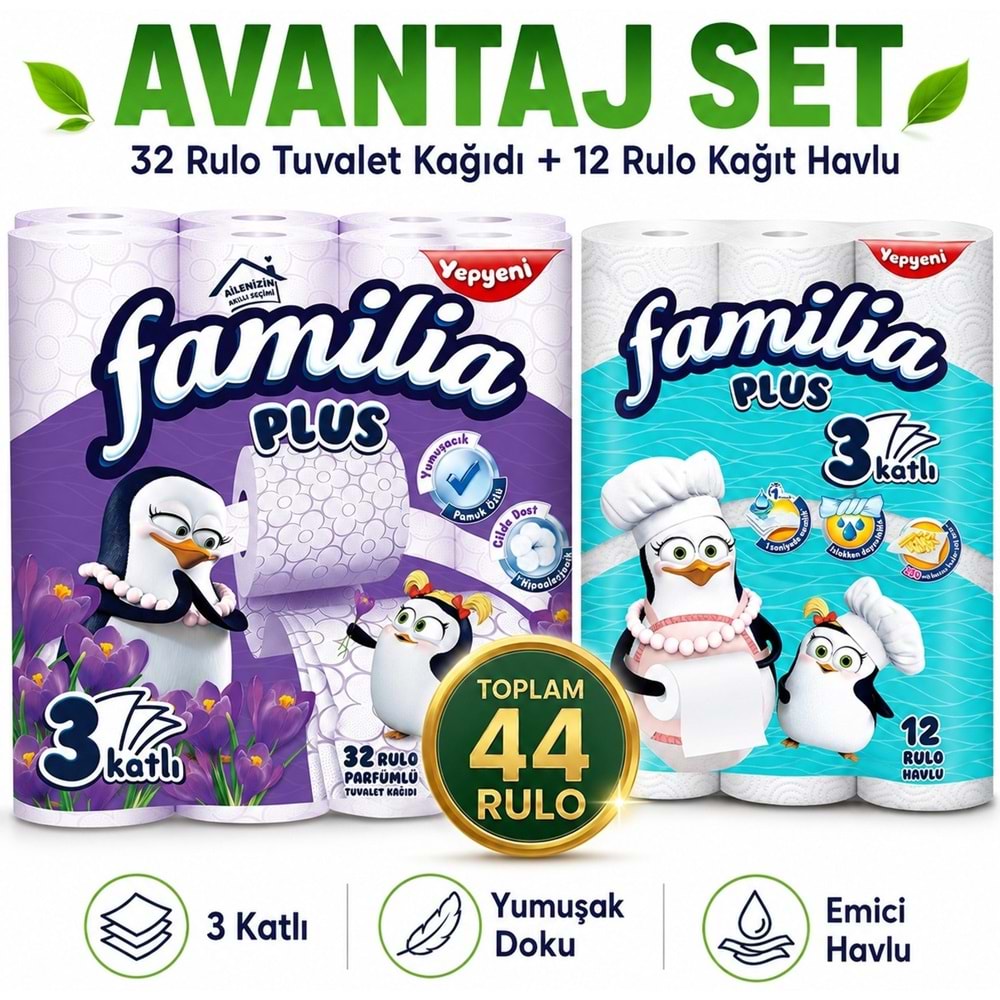 Familia Avantaj Set Plus Tuvalet Kağıdı 32 Li Rulo Sihirli Çiçekler+12 Li Rulo Havlu Penguen Turkuaz