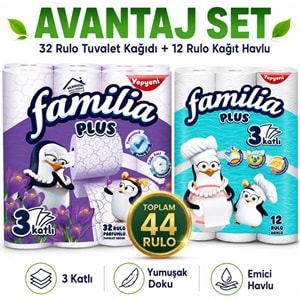 Familia Avantaj Set Plus Tuvalet Kağıdı 32 Li Rulo Sihirli Çiçekler+12 Li Rulo Havlu Penguen Turkuaz