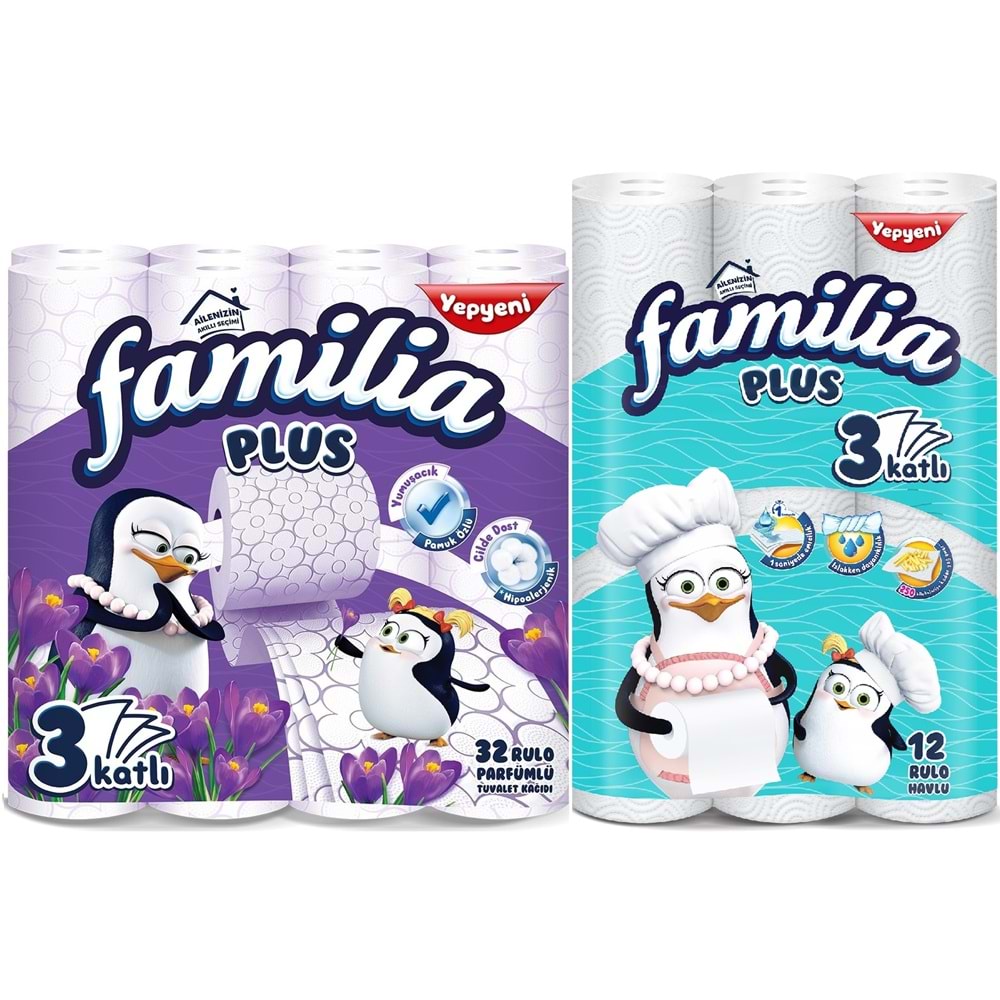 Familia Avantaj Set Plus Tuvalet Kağıdı 32 Li Rulo Sihirli Çiçekler+12 Li Rulo Havlu Penguen Turkuaz