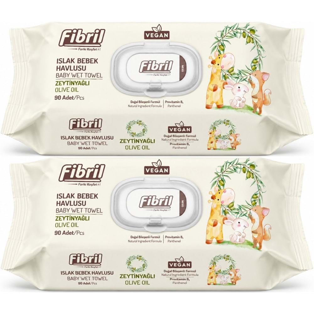 Fibril Islak Havlu Bebek Mendil 90 Yaprak Zeytinyağlı Plastik Kapaklı (2 Li Set) 180 Yaprak